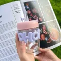 Annil Cute Pastel Color Water Cup with Straw Thick Glass Bottle for Hot and Cold Drinks 350ml. 