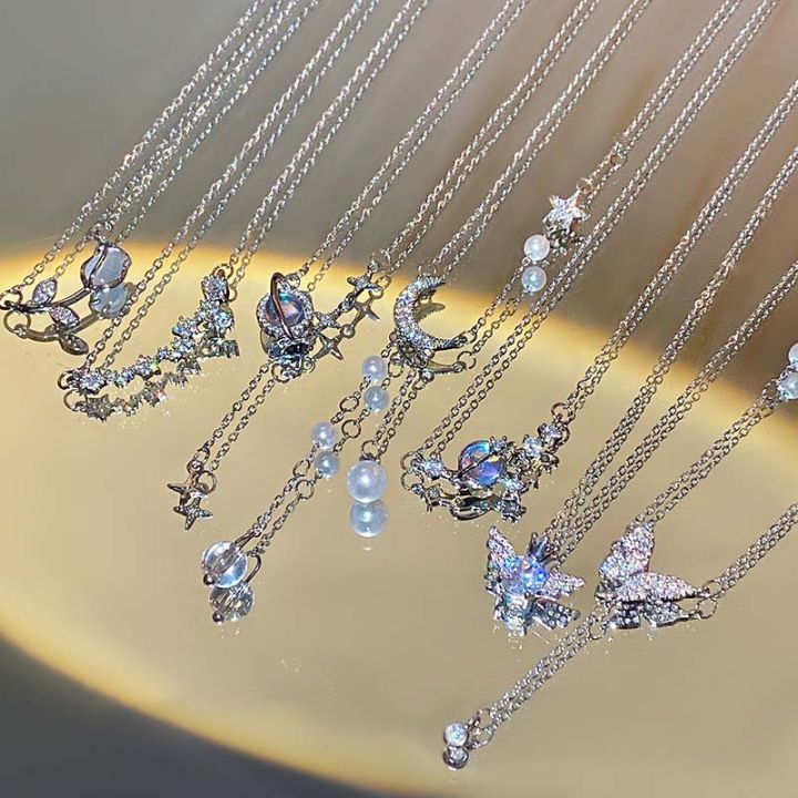 Y2K Shiny Star Necklace for Women Girls Silver Color Crystal Pendant