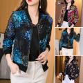 Women See-through Chiffon Coat Stand Collar Long Sleeve Floral Print Sunscreen Coat Zipper Placket Thin Outwear. 