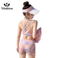 Yfashion 3pcs Women Cotton Bikini Set With Long Sleeves Sunscreen Cover-up Sweet Printing Sleeveless Tops Shorts Suit. 