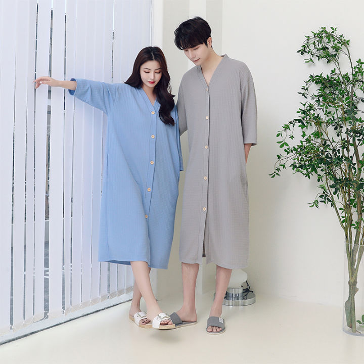 Lazy%20One-Piece%20Pajamas%20Men's%20Summer%20Thin%20Nightdress%20Mid-Length%20Button%20Cardigan%20Nightgown%20Men's%20Pine%20Pure%20Cotton%20Soft%20-%20Image%204