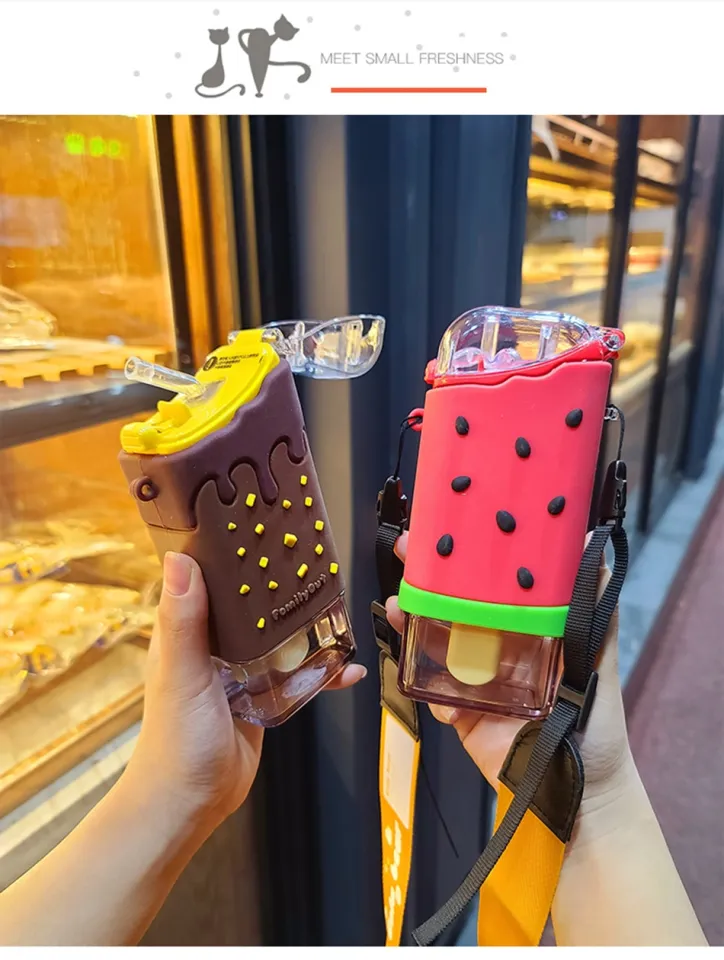 3 Pack Cute Water Bottles With Straws – Kawaii Camera, Watermelon & Ice Cream Designs, Kids Travel Sports Bottles