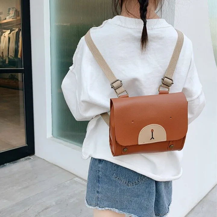 Children Boys Girls Backpacks Cartoon Bear Kids Travel Rucksacks Girl Pu Leather Messenger Shoulder Bag Retro Square Backpack