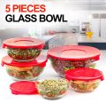 Multicolor 5 Pcs Glass Bowl Set With Plastic Lids Food Storage Serving. 