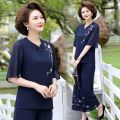 Mom Summer Clothes Suit Chiffon Small Shirt Middle-Aged and Elderly Women's Short Sleeve T T-shirt Western Style Top Wide Leg Pants Two-Piece Thin. 
