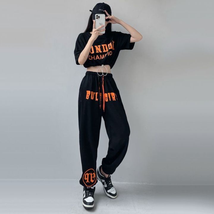 Jazz Dance Costume Women's Summer Korean StylejazzHigh Waist Top Hip Hop Loose Street Dance Pants Dancing Suit
