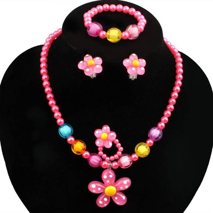 5Pcs Handmade Flower Necklace Bracelet Ring Ear Studs Kids Girls Jewelry Set