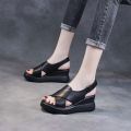 Women's Soft Leather Wedge Sandals2023Summer New Platform Mid Heel Non-Slip Peep Toe Shoes for Women. 