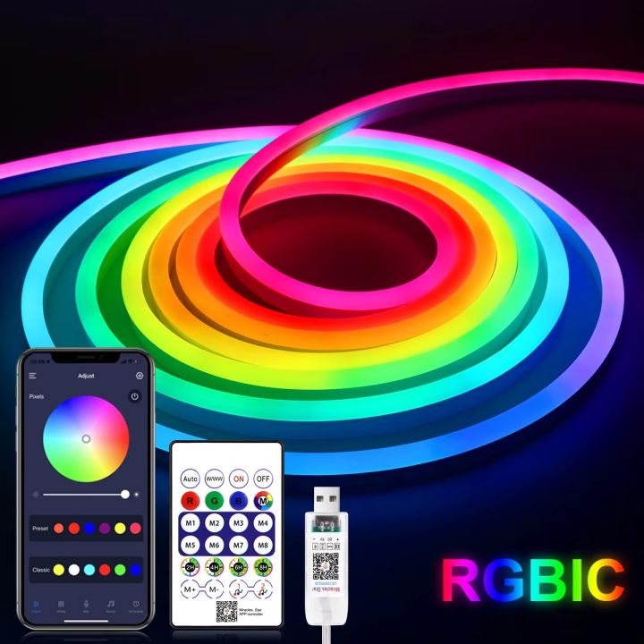 Led Neon Small DC5V USB RGBIC Neon LED Strip,1M 2M 3M 5M RGBIC Neon Rope Light with ...