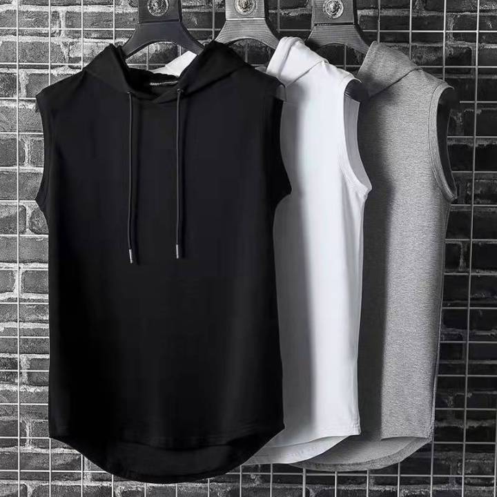 EB Men Tank Top Ins Trendy Sports Kam Shoulder Bottom Shirt Hooded Loose Korean Solid Sleeveless T-Shirt Top