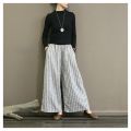 Yfashion Women Cotton Trendy Striped Wide Leg Pants Cotton Linen Loose Large Size Casual Trousers Straight Breathable Pants. 