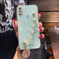 For Samsung Galaxy M11 Back Cover with Bracelet Wristband Luxury Clover Chain 6D Plating Frame Shiny Girls Cases Soft Silicone Square Protective Mobile Phone Case. 
