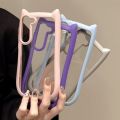 Korean Cute Candy Color 3D Cat Ears Transparent Case Samsung Galaxy S25 S24 S23 Ulra Plus Kawaii Shockproof Soft Border Cover. 