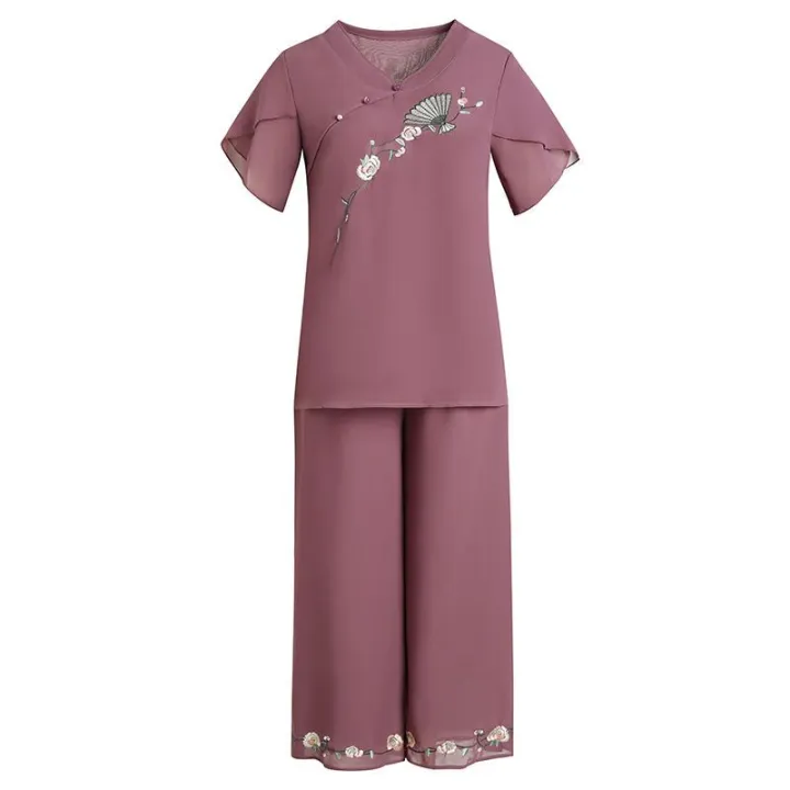 Western%20Style%20Mother%20Summer%20Wear%20Fashion%20Thin%20Chiffon%20Two-Piece%20Set%2040%20Years%20Old%2050%20Middle-Aged%20and%20Elderly%20Women's%20Noble%20Wide-Leg%20Pants%20Suit%20-%20Image%203
