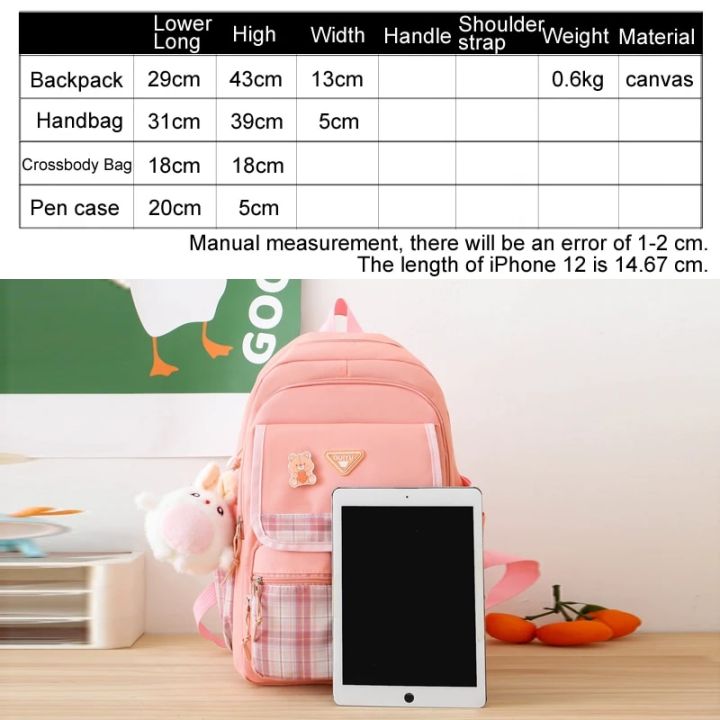 Children's%20School%20Backpack%204%20Pcs%20Sets%20school%20bags%20for%20girls%20Kids%20Plaid%20design%20Bookbag%20mochilas%20Backpack%20Kawaii%20Women's%20Backpack%20-%20Image%202