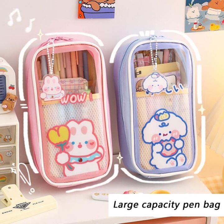 【MINISO】 Cute Creative Transparent Canvas Large Capacity Pen Pouch Children Cartoon Student Stationery Transparent Plastic Pen Case Pouch