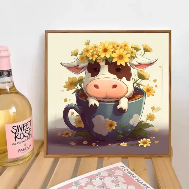 Cartoon teacup cow diy diamond painting full of diamonds full stickers animal flowers scenery living room handmade diamond painting full of diamonds 5d