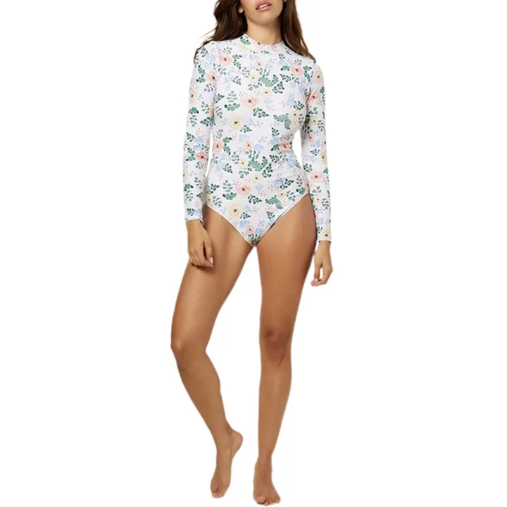 Women Bodysuit Surfing with Flower Pattern, Color Matching High-Waisted Fit Clothing