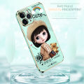 Hontinga for Redmi Note 12 4G Back Cover（Free Lanyard）Luxury 6D Plating Cartoon Satchel Girl Side Pattern Case Soft Silicone Square Mobile Cover. 