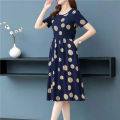 Yfashion Women Cotton Summer Short Sleeves Dress Elegant Stylish Printing Round Neck Midi Skirt Large Size Loose Casual Dress. 