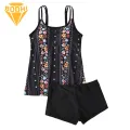Quick Drying Bathing Suit Floral Print Plus Size Tankini Set for Women Quick Dry Bathing Suit with Skinny Swim Trunks 2pcs Set for Beach Look. 