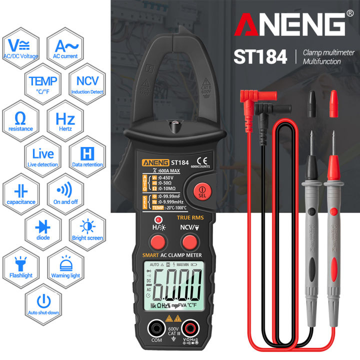 True RMS Digital Multimeter Clamp Meter DC/AC Voltage Detector AC Amp Meter with Ohm Capacitance NCV Continuity Diode Hertz Temperature Tester