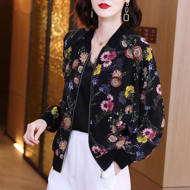 Women See-through Chiffon Coat Stand Collar Long Sleeve Floral Print Sunscreen Coat Zipper Placket Thin Outwear