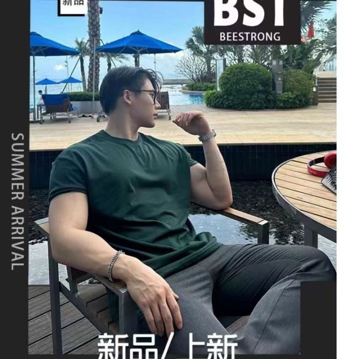 American%20Fashion%20Brand%20Sports%20Fitness%20Short%20Sleeve%20T%20T-shirt%20Men's%20Fashionable%20Cuff%20Wait%20Lifting%20Training%20Breathable%20Muscle-Showing%20Clothes%20Summer%20-%20Image%203