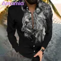 Comfo ble Fabric Shirt Men's 3d Animal Print Stand Collar Business Shirt Slim Fit Breathable Mid Length Top Men Shirt. 