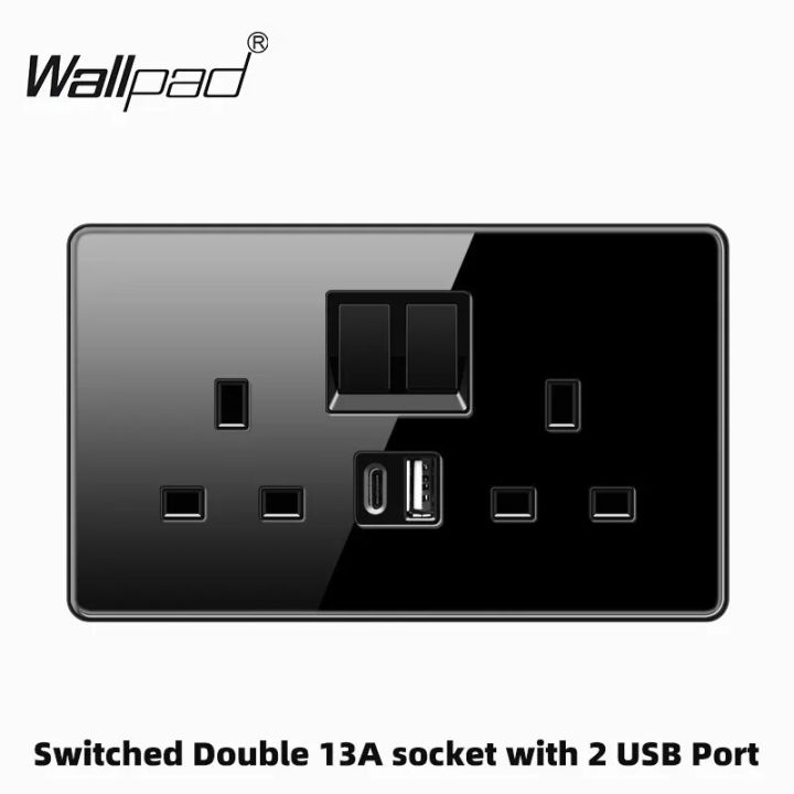 146*86MM 3*6 Wallpad Black Glass Double Switched 13A 3Pin UK Wall Plug ...