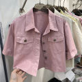 Korean Style Pink Denim Shirt Short Sleeve Jacket Women's Summer New Temperament High Waist Short Small Workwear Tops. 