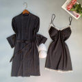 SYQ Solid Color Wavy Lace Sling Silk Nightgown Thin Fairy Two-Piece Nightgown Pad For Women. 