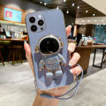 Maitus for iPhone 14 Pro Max Back Cover with Lanyard Astronaut Folding Bracket Stand Luxury 6D Plating Fancy Cases Boys Girls Square Bumper Soft Silicone Mobile Phone Case Pouch. 