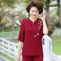 Mom Summer Clothes Suit Chiffon Small Shirt Middle-Aged and Elderly Women's Short Sleeve T T-shirt Western Style Top Wide Leg Pants Two-Piece Thin. 
