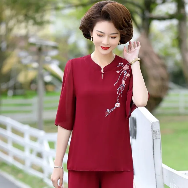 Mom%20Summer%20Clothes%20Suit%20Chiffon%20Small%20Shirt%20Middle-Aged%20and%20Elderly%20Women's%20Short%20Sleeve%20T%20T-shirt%20Western%20Style%20Top%20Wide%20Leg%20Pants%20Two-Piece%20Thin%20-%20Image%208