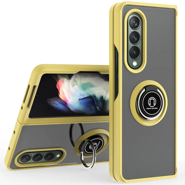 lthmy for Samsung Galaxy Z Fold 3 5G Ring Holder Kickstand Matte Back Soft Bumper Hybrid Protective Cover case