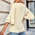Yfashion Women V-neck Ruffle Bell Sleeve Blouse Solid Color Soft Comfortable Summer Loose Top Pullover T-shirt. 