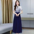 bellylady Women Cotton Cheongsam Dress Summer Short Sleeves Stand Collar A-line Skirt High Waist Large Swing Dress. 
