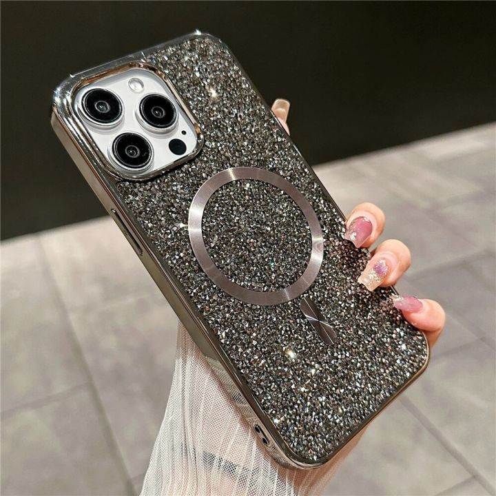 HOCE Bling Glitter Magnetic Cases For iPhone 15 14 13 12 11 Pro Max 14 15 Plus Magsafe Case Luxury Plating Soft Bumper Hard Back Phone Cover