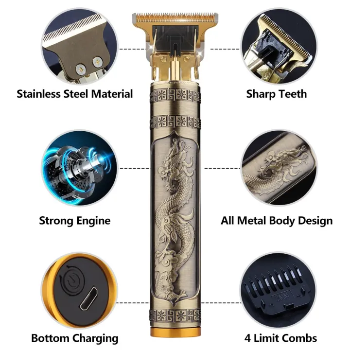 Vintage T9 Hair Cutting Machine Hair Clipper Professional Cutter Trimmer for Men Cordless Beard Trimmer USB for Barber Dragon