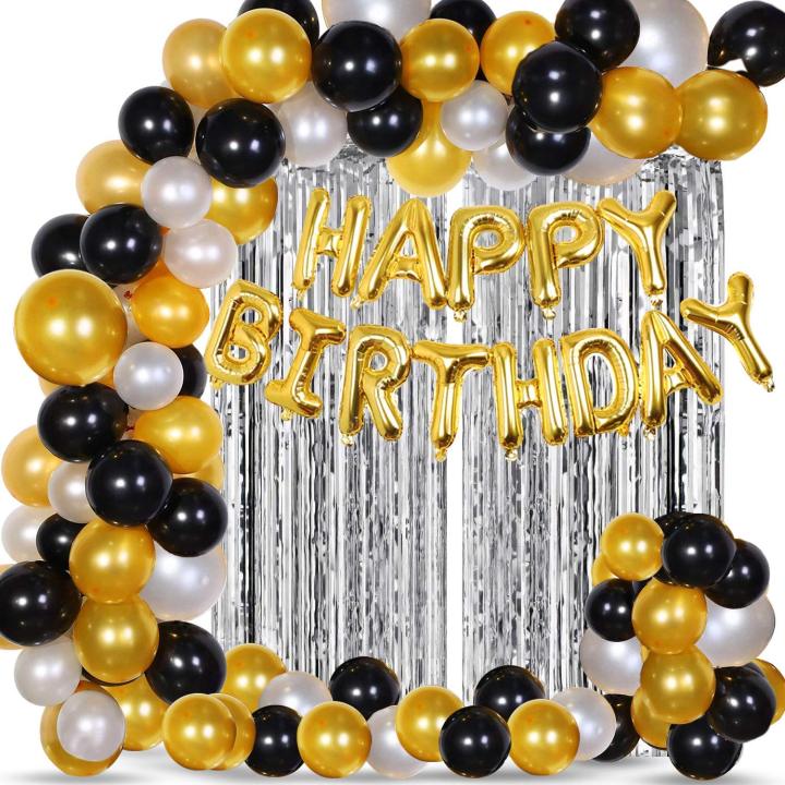 Party Propz Happy Birthday Decoration Kit Combo - 53Pcs Black Golden Silver Items Set with 2Pcs Silver Foil Curtain,50 Pcs