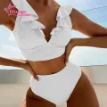 Muses Mall Lace-up Back Swimwear Set Stylish 2pcs Women's Bikini Set with Ruffle Stitching High Waist Swimming Trunks Quick Dry Swimsuit for Summer Beachwear Women High-waisted Bikini Set. 
