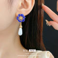 Silver Needle Flower Drop Oil Rhinestone Pearl Earrings French High Sense Water Drop Earrings Retro Affordable Luxury Graceful Earrings Female. 