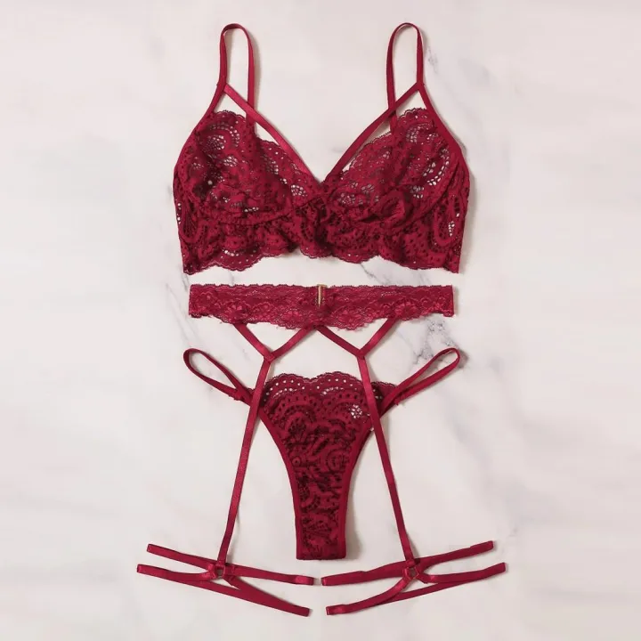 New%20Women%20Sexy%20Lace%20Bra%20Hollow%20Thong%20Garter%20Sleepwear%20Black%20Lingerie%20Set%20S-XL%20-%20Image%205