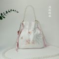 National Style New Portable Satin Crossbody Han Chinese Clothing Bag Pearl Chain Ancient Style Woven Belt Flash Bright Silk Embroidery Bag Drawstring Bag. 
