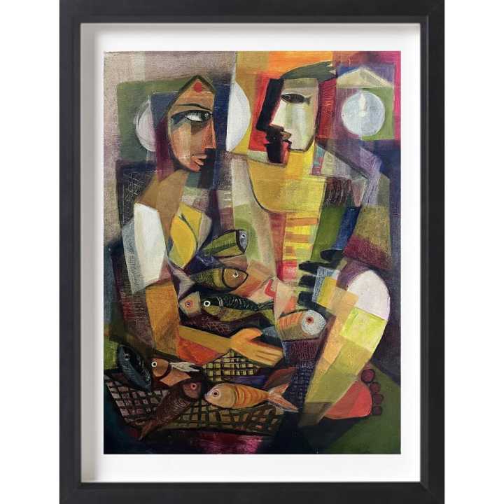 Art Print Wall Poster Wall Pictures Painting Wall Art for Bedroom Living Room Home Decor Frame Include  Women and Men Selling Fish Segar Painting Framed Lithograph 41cm x 54.9cm