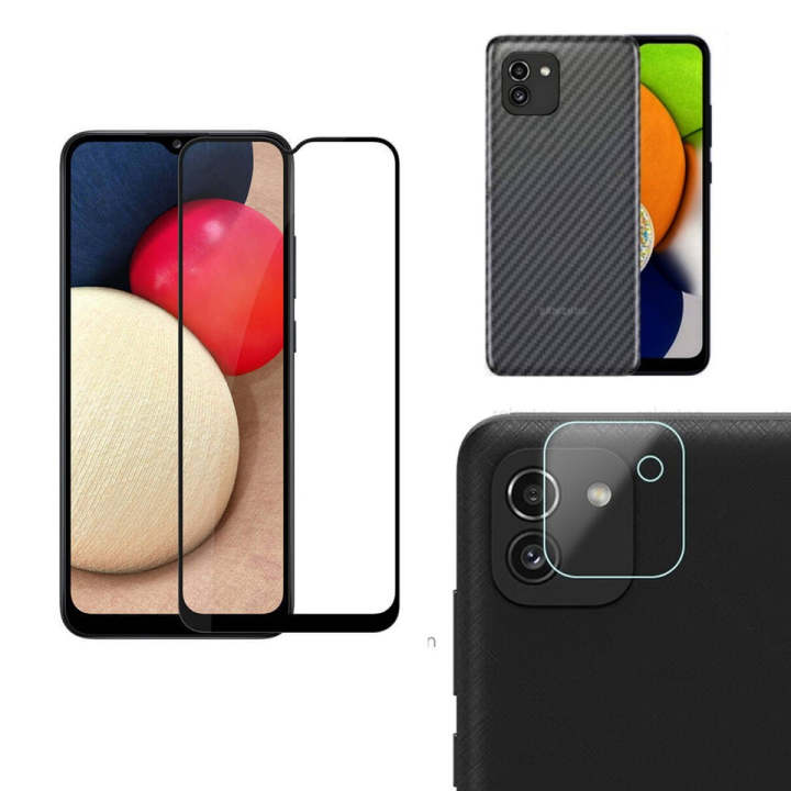 Torofy Combo Pack for Samsung Galaxy A03 Ultimate Protection Bundle with this 3-in-1 Tempered Glass Screen Protector, Carbon Fiber Back Sticker, Camera lens Clear Glass pack for Samsung Galaxy A03