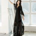 Chiffon Dress 2023 Spring and Summer Half Sleeve Retro High Waist Pure Color Slim Fit Slimming V Lingxian Elegant Female Dress. 