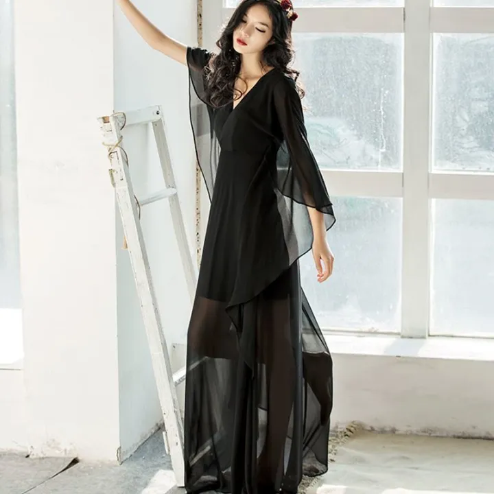 Chiffon%20Dress%202023%20Spring%20and%20Summer%20Half%20Sleeve%20Retro%20High%20Waist%20Pure%20Color%20Slim%20Fit%20Slimming%20V%20Lingxian%20Elegant%20Female%20Dress%20-%20Image%207