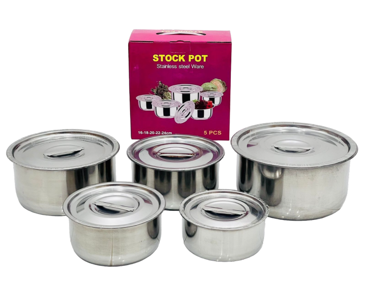 Stainless Steel Stock Pot 5 Pcs Set Food Saver, Steamer & Food Container with Lid Super Consist of 5 Pieces with Different Sizes Set 16-24cm